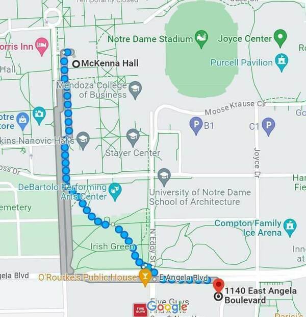 Map from Embassy Suites to McKenna Hall